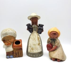 3 Stoneware Figurines Ceramic Boy Girl Figural Japanese Pottery Sculpture